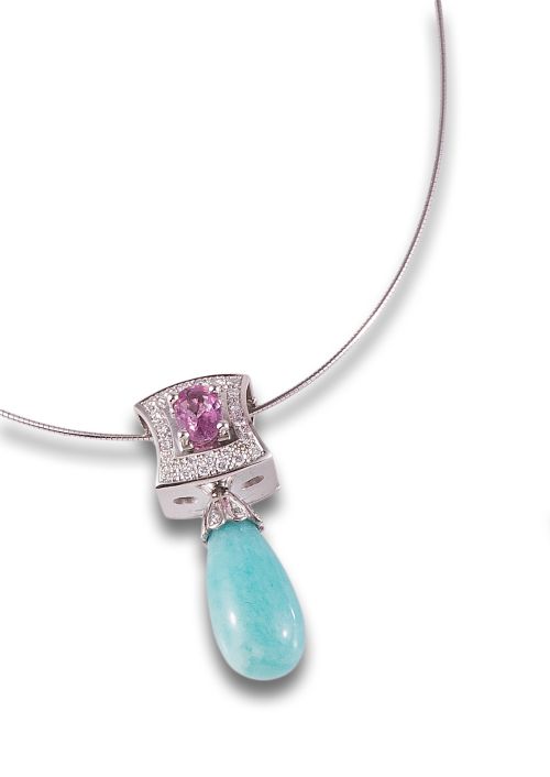 DIAMOND, PINK SAPPHIRE AND CHALCEDONY PENDANT IN WHITE GOLD