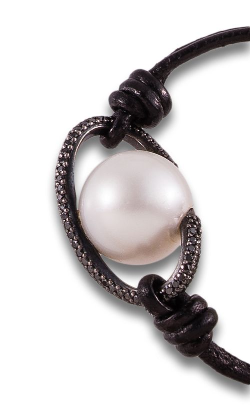 PULSERA DE DIAMANTES NEGROS, PERLA Y ORO, PULSERA CUERO