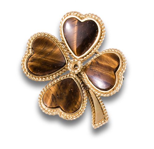 BROCHE TRÉBOL DE OJO DE TIGRE, EN ORO AMARILLO