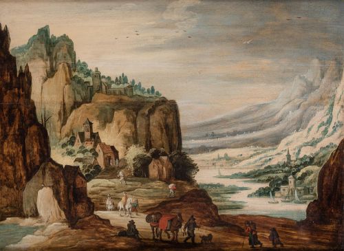 ATRIBUIDO A JOOS DE MOMPER, "Paisaje con campesinos, lago y