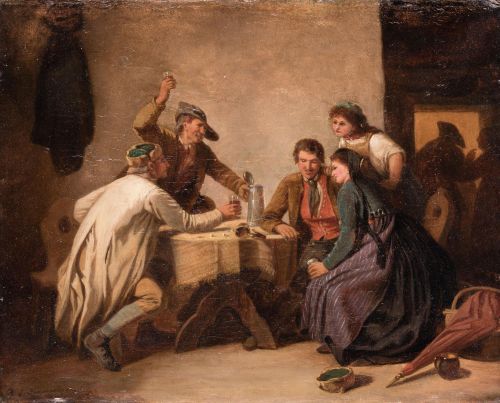 REINHARD SEBASTIAN ZIMMERMANN, "Bebedores", Óleo sobre lien