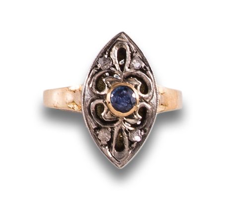 SORTIJA LANZADERA, ESTILO ANTIGUO, DE DIAMANTES Y ZAFIRO, E