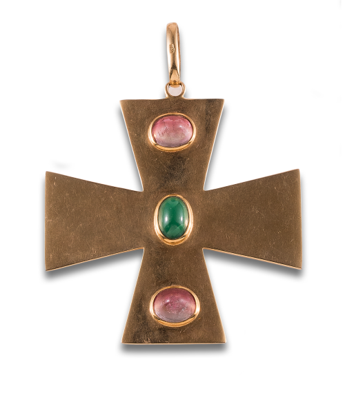 CRUZ COLGANTE DE ORO, CRISOPRASA Y TURMALINAS