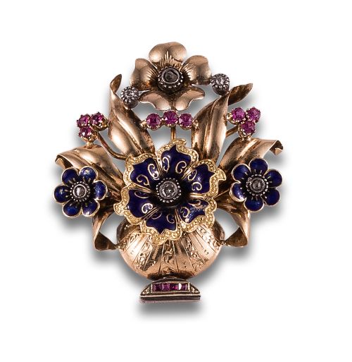 BROCHE ANTIGUO JARRÓN DE FLORES DE DIAMANTES, RUBÍES SINTÉT