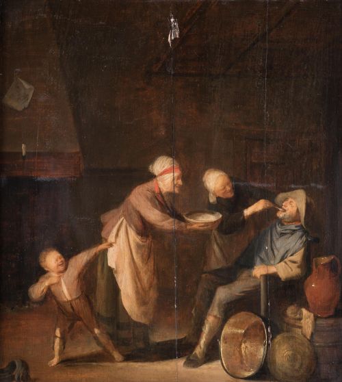 ESCUELA HOLANDESA , "Mujeres dando sopa a un anciano en la