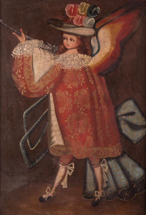 ESCUELA CUZQUEÑA , "Ángel arcabucero", Óleo sobre lienzo.