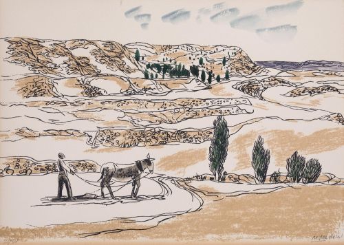 AGUSTÍN REDONDELA, "Campesino arando en el campo", Litograf