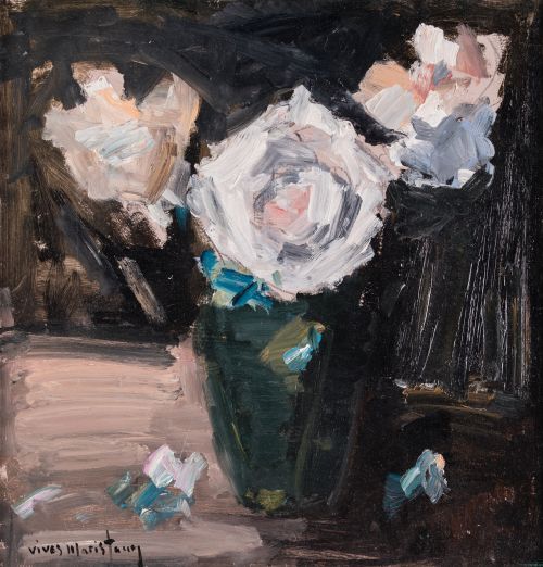 VIVES  MARISTANY, "Jarrón con rosas", Óleo sobre cartón