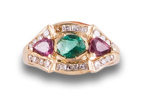 RING WITH DIAMOND, EMERALD AND RUBIES, IN YELLOW GOLD