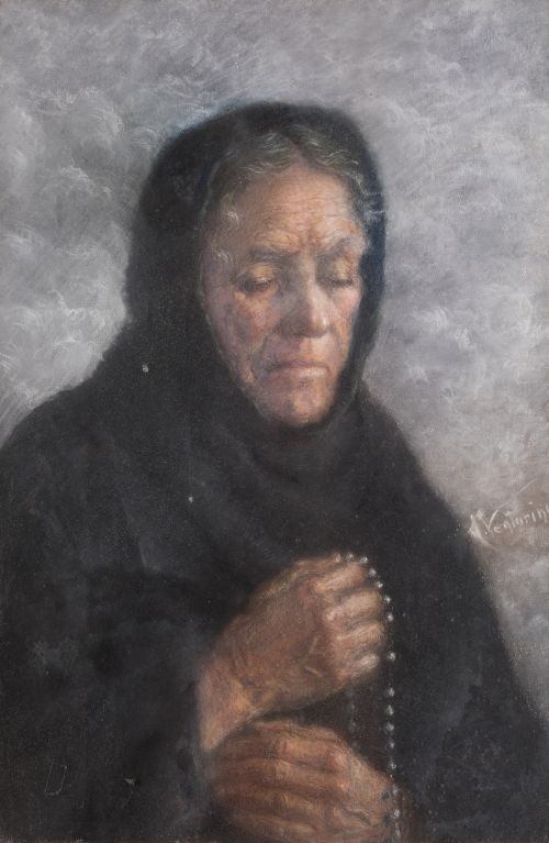 ESCUELA ITALIANA , "Mujer rezando", Pastel sobre papel 