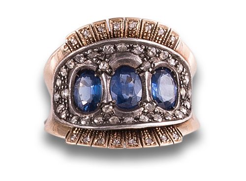 ANTIQUE STYLE DIAMONDS AND SAPPHIRES RING IN GOLD AND SILVE
