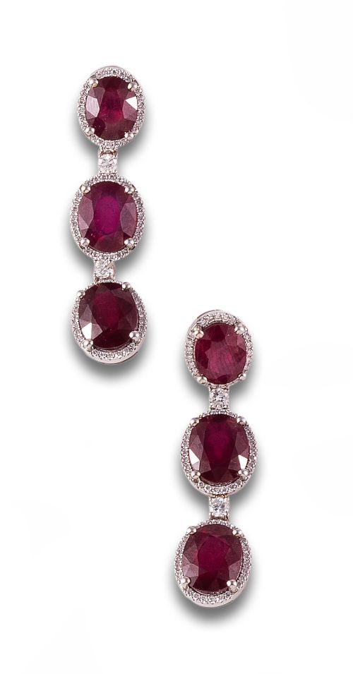 LONG GOLD EARRINGS WITH RUBIES AND DIAMONDS