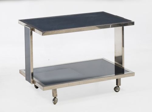 Mesa auxiliar de acero y cristal lacado en azul, posiblemen