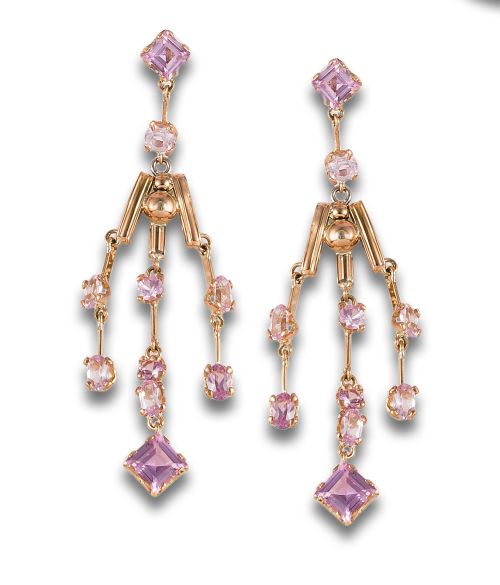 Long earrings, antique style, French rose chandelier, in ro