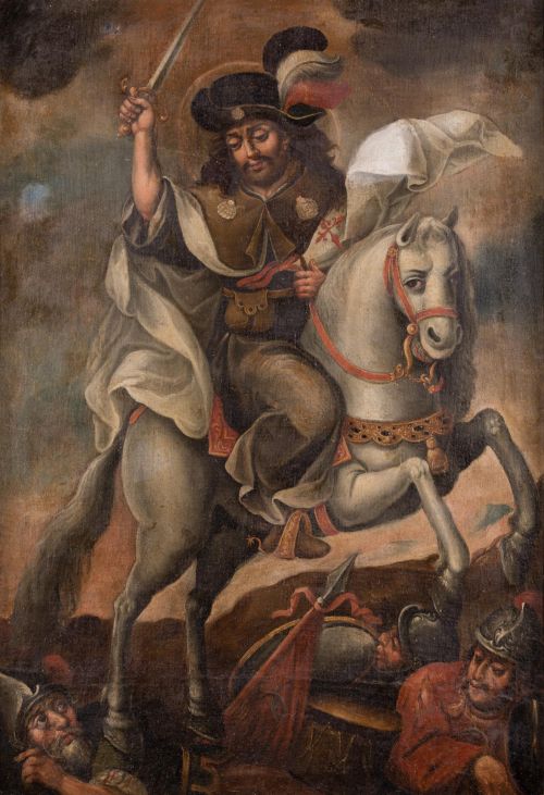 ESCUELA ESPAÑOLA, "Santiago en la batalla de Clavijo", Óleo