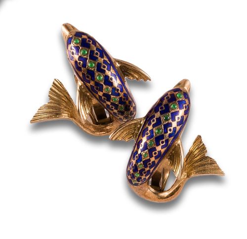 PENDIENTES DELFINES DE ESMALTE Y ORO AMARILLO