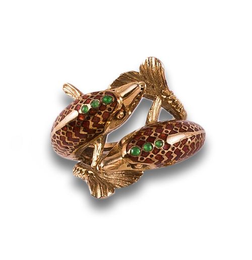 SORTIJA DELFINES DE ESMALTES Y ORO AMARILLO