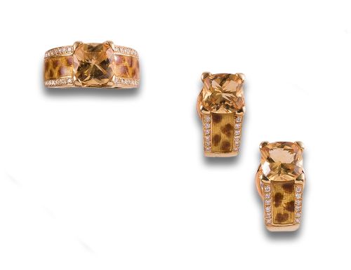 LOTE PULSERA, PENDIENTES Y SORTIJA DE DIAMANTES, CUARZOS Y