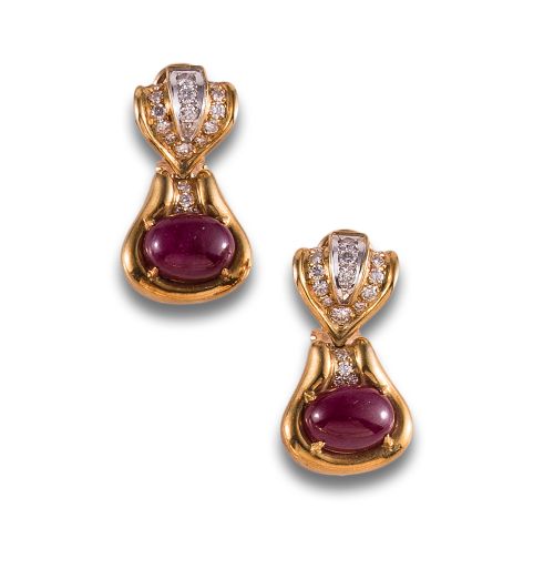 PENDIENTES, AÑOS 80, GREGORY, DE DIAMANTES Y RUBÑIES, EN OR