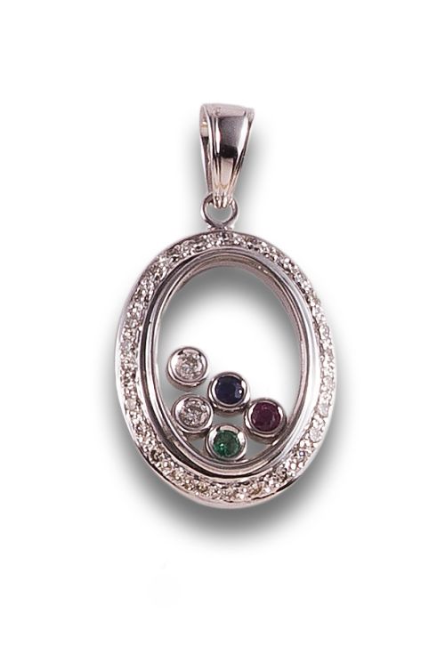 COLGANTE DE DIAMANTES Y PIEDRAS DE COLOR, EN ORO BLANCO