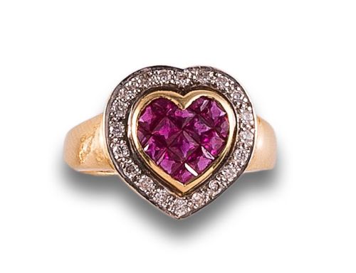 SORTIJA CORAZÓN DE RUBÍES Y DIAMANTES, EN ORO AMARILLO