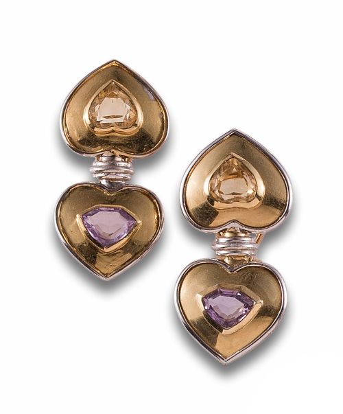 PENDIENTES LARGOS, AÑOS 80, DE AMATISTAS Y CUARZOS, EN ORO