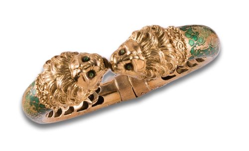 PULSERA TORQUE LEONES DE ESMALTE Y ORO AMARILLO