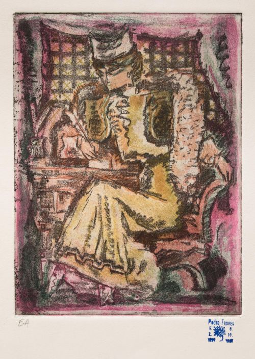 PEDRO  FLORES, "Dama escibiendo", Grabado