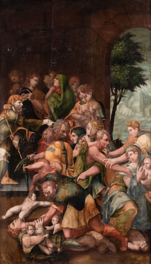 CÍRCULO DE PEDRO MACHUCA, "Matanza de los Inocentes", Óleo