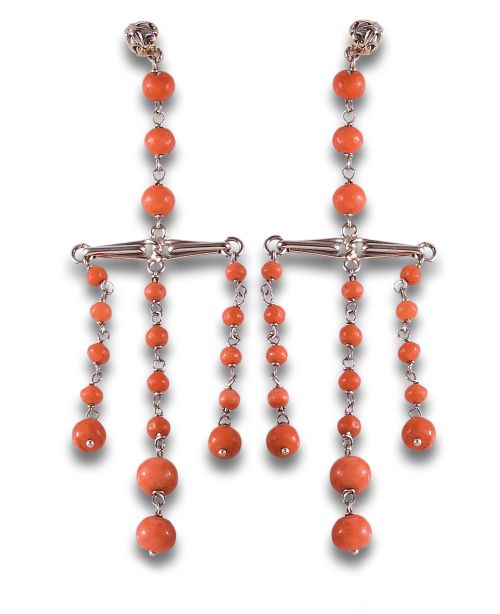 LONG PLATINUM AND CORAL EARRINGS