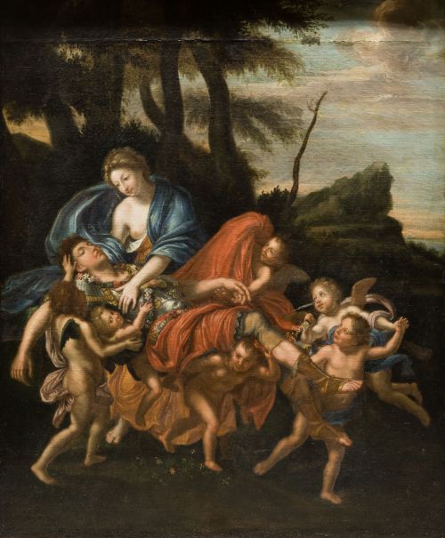  ESCUELA ITALIANA, "Venus y Adonis", Óleo sobre lienzo.