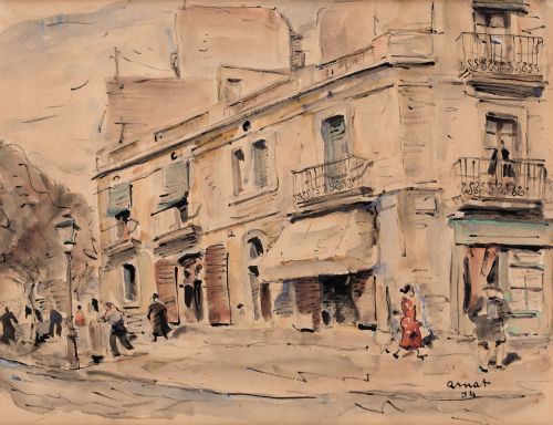 JOSE AMAT PAGES, "Calle con personajes", 1934, Tintas y acu