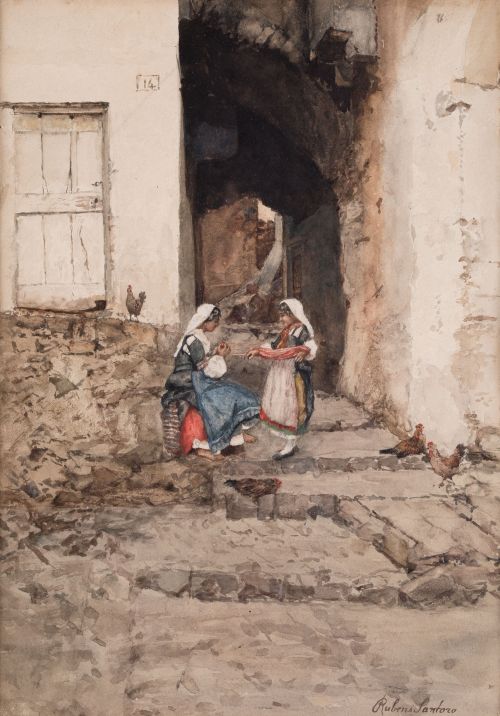 RUBENS SANTORO, "Hilanderas en el callejón", Tintas y acuar