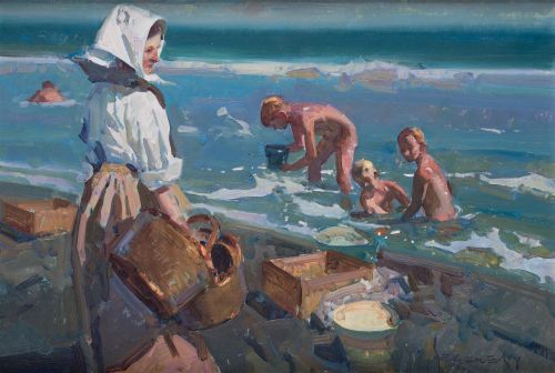 EUSTAQUIO SEGRELLES, "Niños en la playa",  1988, Óleo sob