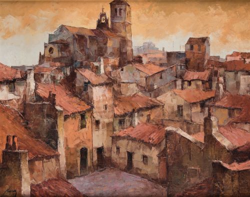CARLOS RINCÓN, "Vista de pueblo", Óleo sobre lienzo