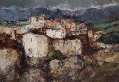 CARLOS RINCÓN, "Paisaje con pueblo", Óleo sobre lienzo
