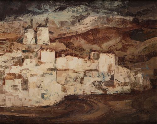 CARLOS RINCÓN, “Paisaje con casas y molinos", Óleo sobre li
