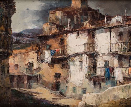 CARLOS RINCÓN, "Fachadas de casas de pueblo", 1977, Óleo so