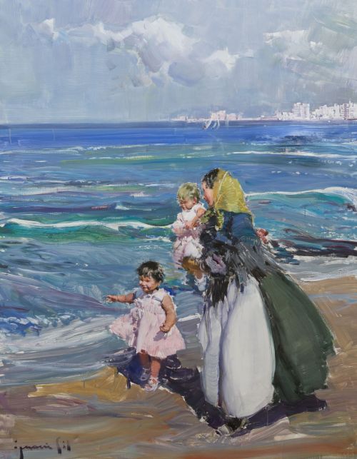 IGNACIO GIL SALA, "Payesa con niños en la playa", Óleo sobr