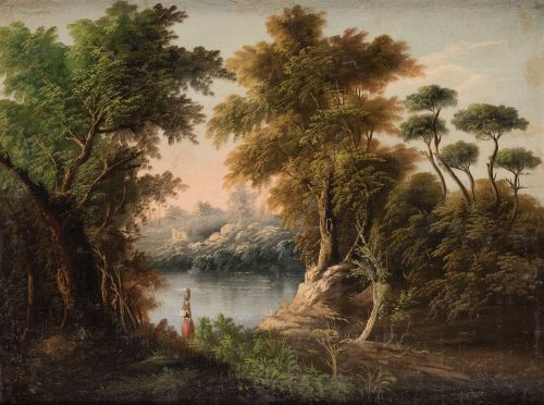 ESCUELA ANDALUZA S.XIX-XX, "Paisaje con aguadora", Óleo sob