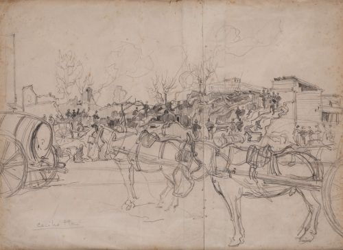 CECILIO PLA Y GALLARDO, "Carros junto a un mercado", Lápiz