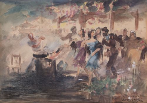 ANTONIO CASERO, "La verbena", Acuarela y tinta sobre papel