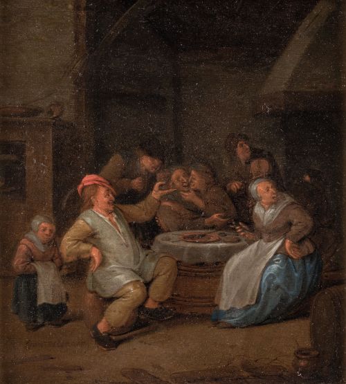 JAN MIENSE MOLENAER, "Escena de taberna", Óleo sobre tabla.