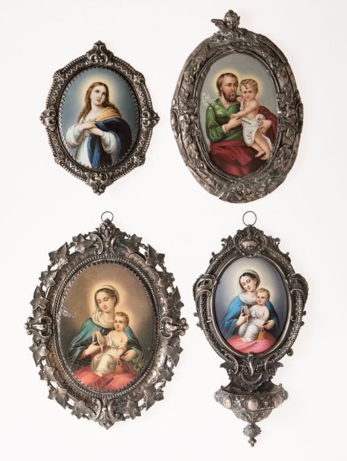 Lot of four silver and porcelain holy water fonts, c. 1900