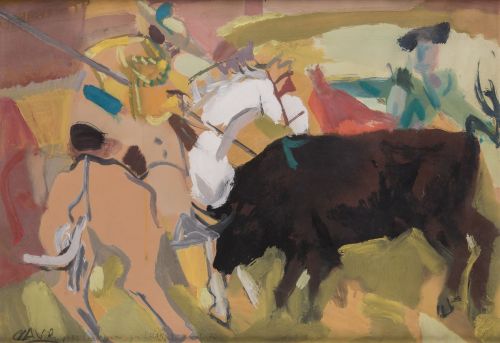 JAVIER CLAVO, "Suerte de Varas", Gouache sobre cartón