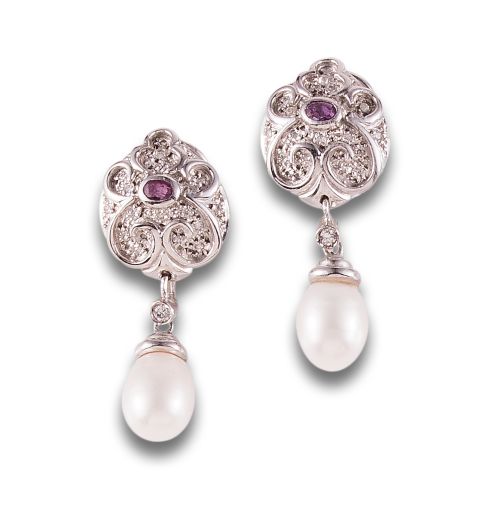 LONG GOLD EARRINGS WITH DIAMONDS, RUBIES AND PEARLS
