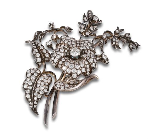 BROCHE FLORAL, FINALES S. XIX, DE DIAMANTES, EN ORO Y PLATA