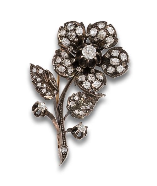 BROCHE FLORAL FINALES S.XIX DE DIAMANTES, EN ORO Y PLATA