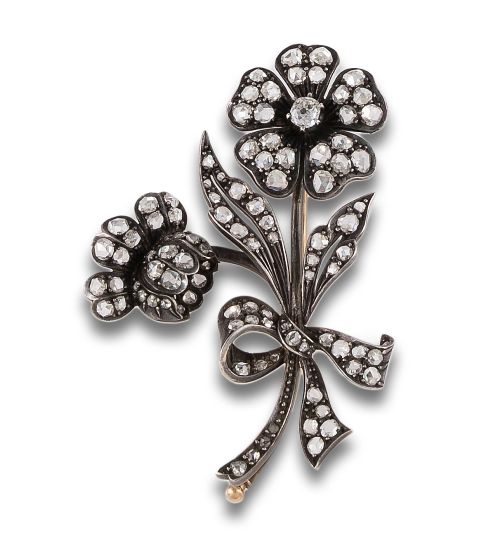 BROCHE FLORAL FINALES S.XIX DE DIAMANTES, EN ORO Y PLATA