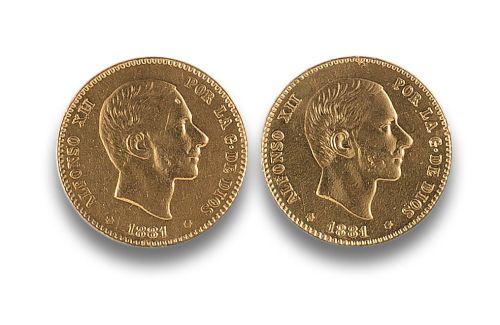 2 RÉPLICAS DE MONEDAS DE 25 PTS. DE ALFONSO XII EN ORO